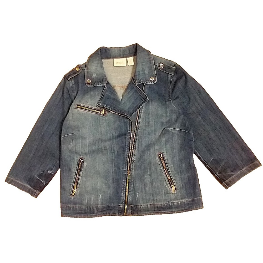 Chico's Distressed Stretch Dark Wash Denim Moto Jacket 3/4 sleeve sz 1 Med sz 8